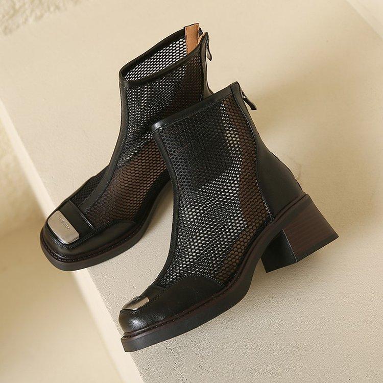 Retro Martin Boots Women's Summer Thin New Thick Heel Mesh Hollow Sandals Breathable Soft Sole Short Boots Cool Boots
