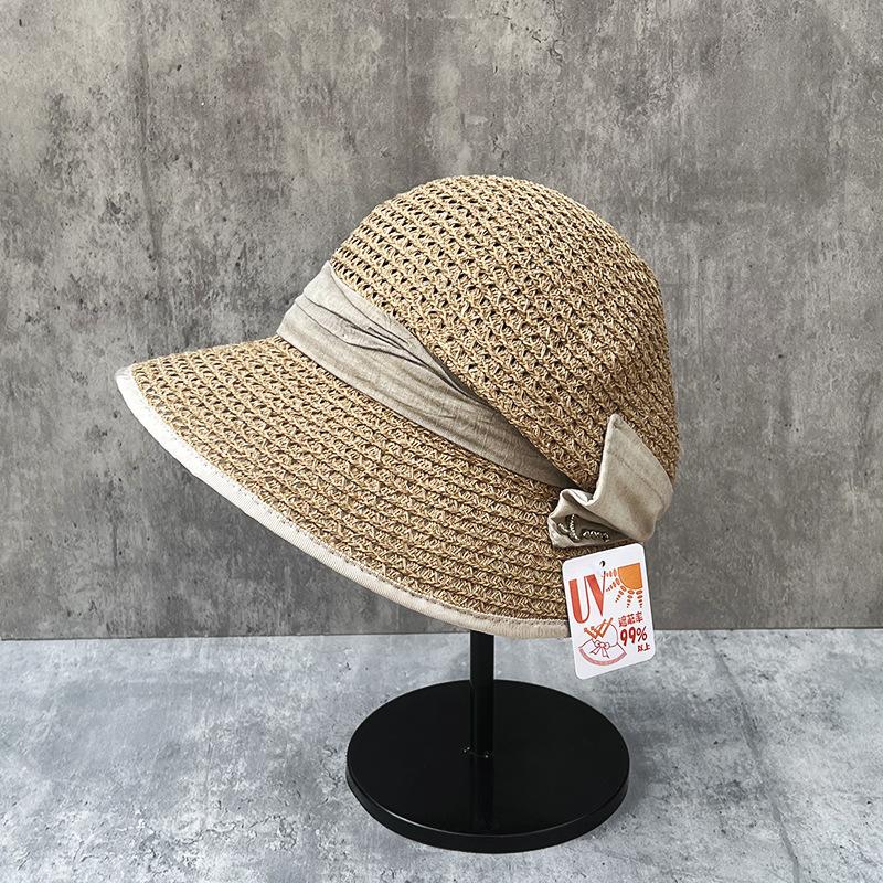 Wenyi Fan Small V Face French Elegant Big Brim Hollow Back Pleated Bucket Hat Women'S Summer Versatile Sun Hat