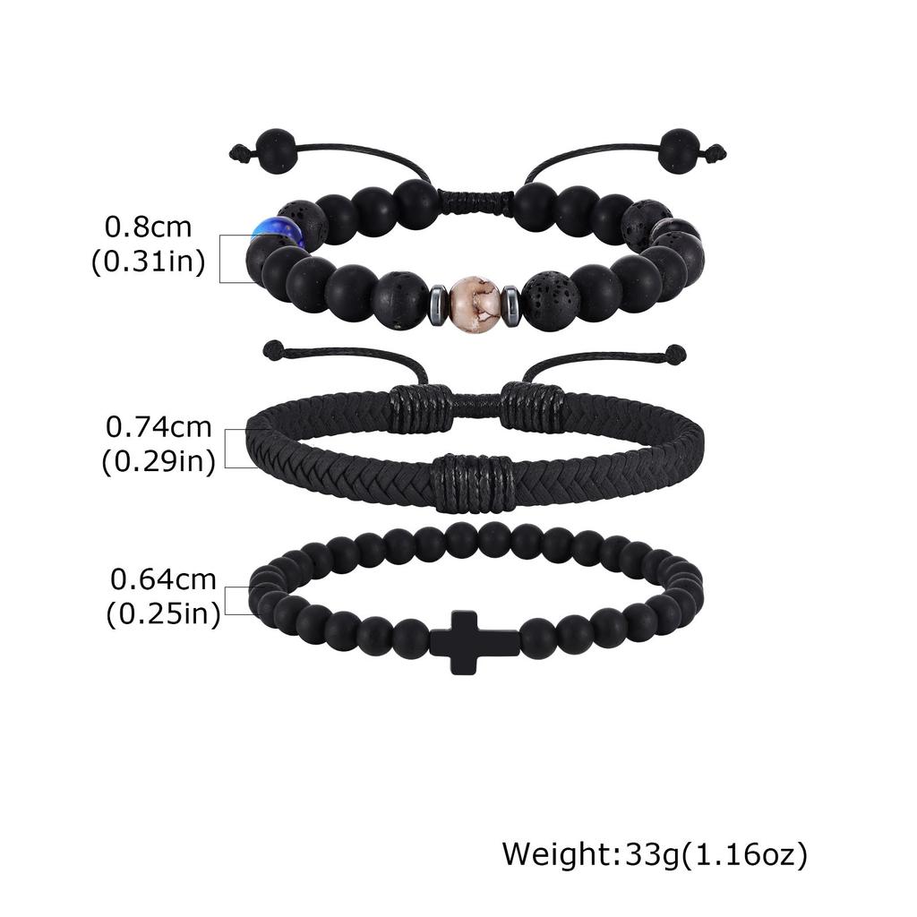3pcs Punk Men's Bracelet,Black Color Natural Stone Beaded Bracelet,Cross Charm Wristband Gift