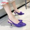 Aphixta 7cm Thin Heels Women Sandals Pointed Toe Purple Silk Butterfly-knot Ladies Modern Slides Shoes Plus Size 42
