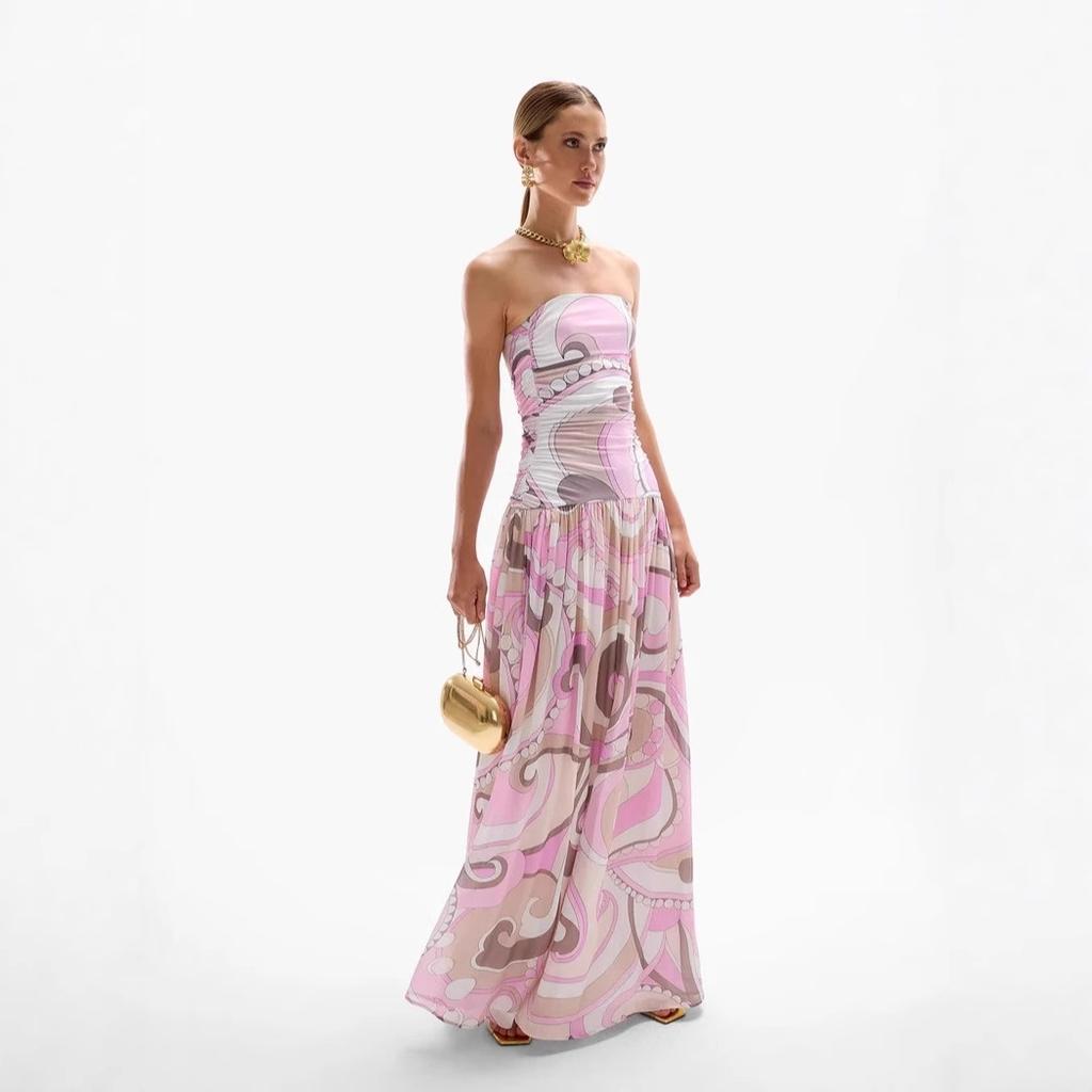 Women's Strapless Sleeveless High Waist Full Swing Maxi Dress French Sexy Printed Chiffon Long Gown