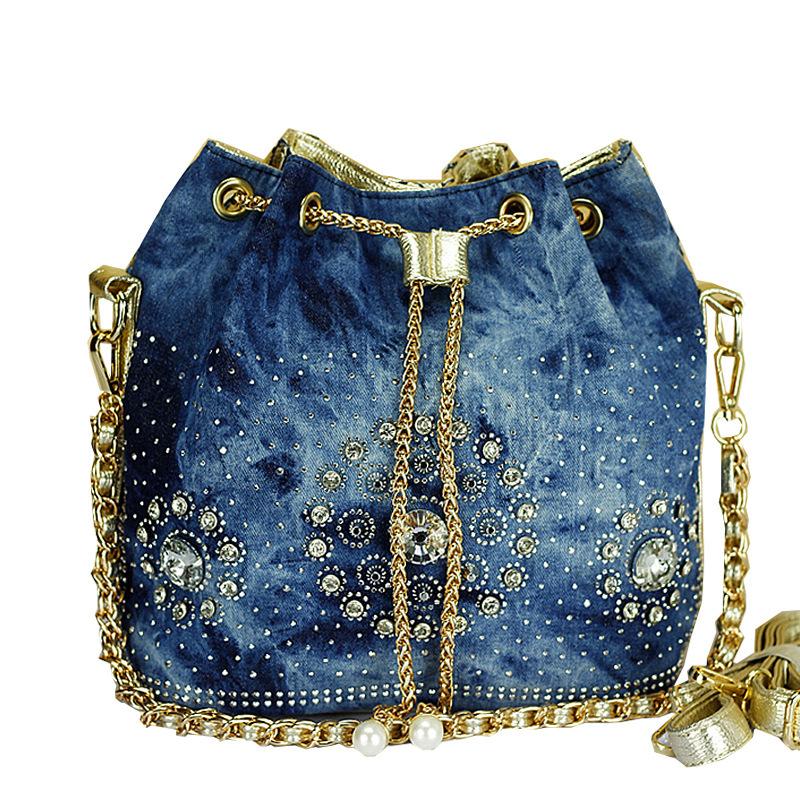 Bags Women'S Bags Bucket Bags One Shoulder Crossbody Woven Bags Rhinestone Chain Bags Denim Bags