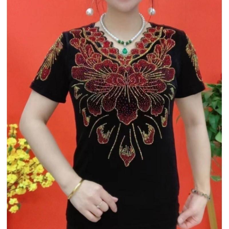 Women's Summer Hot Diamond V-neck Short Sleeved High Elasticity Slim Fit Temperament Base Shirt, Slimming and Casual Plus Size T-shirt