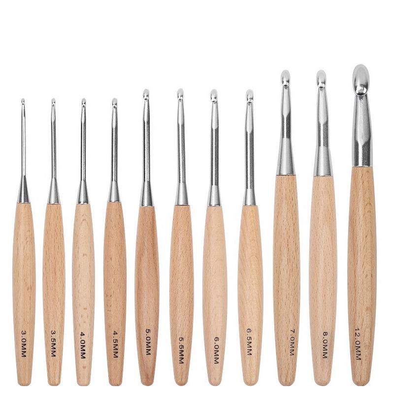 Premium Wooden Handled Crochet Hook Set - Solid Wood Round Hooks for Knitting and Crochet Projects.