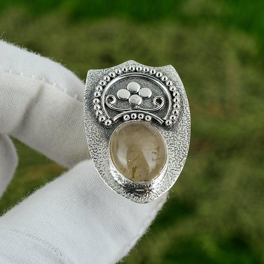 Friendship Day Deal 925 Silver Oval Golden Rutile Gemstone Promise Mother Ring