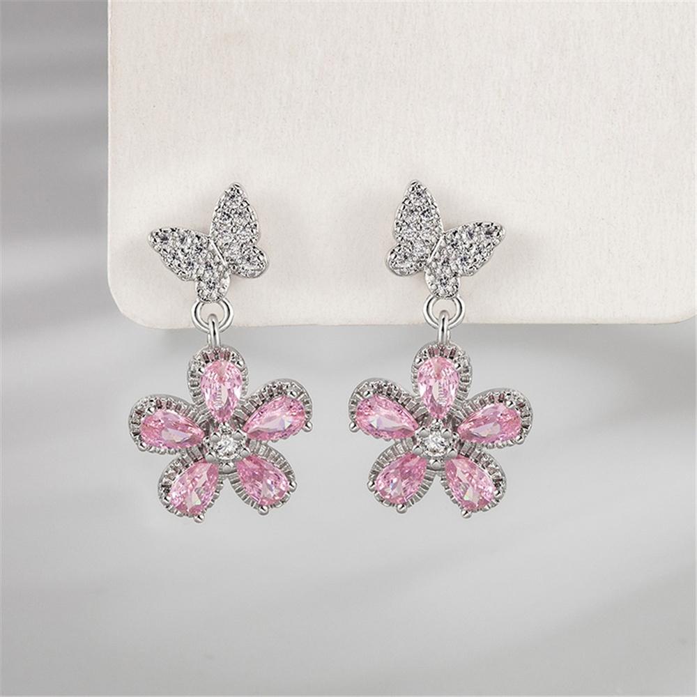 Cute Female Pink Zircon Stone Silver Color Stud Flower Earrings Lovely Bridal Wedding  For Women