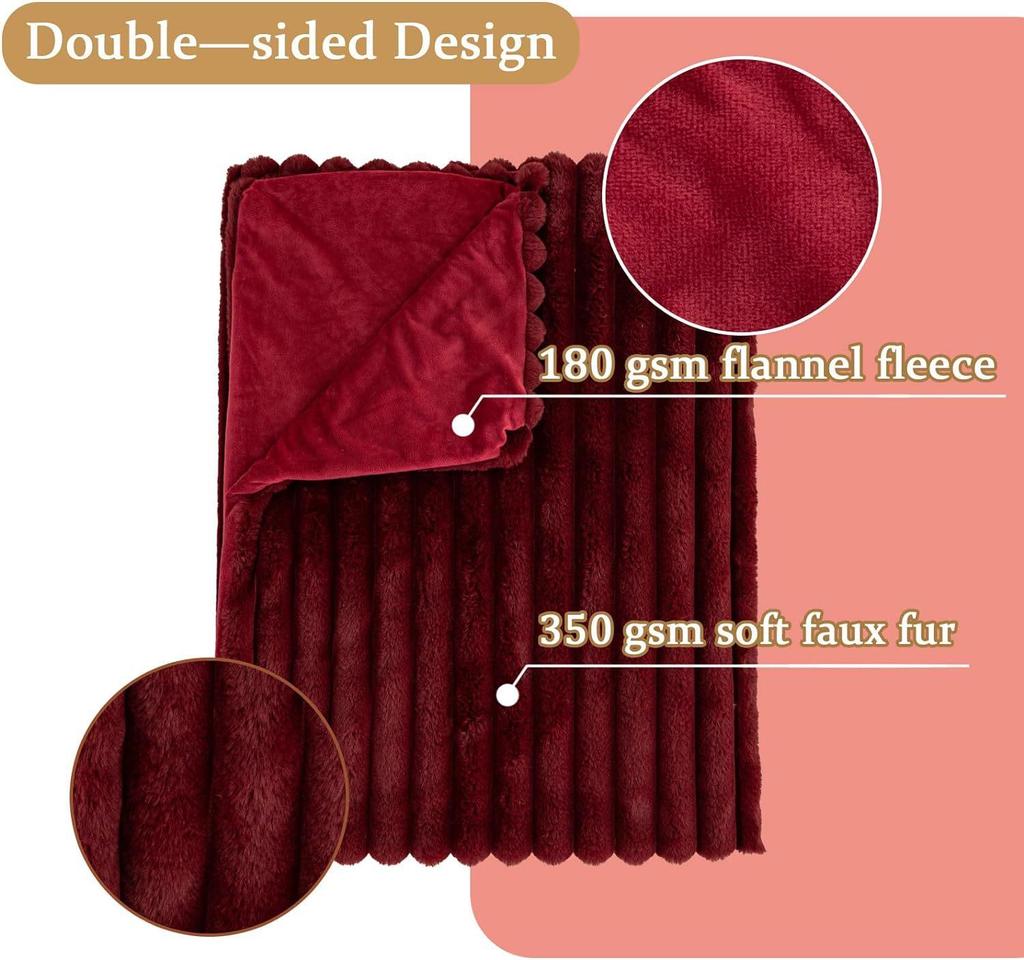 Ultra-Soft Faux Rabbit Fur Striped Throw Blanket - Double-Layered for Warmth, Ideal for Sofa or Bedroom.