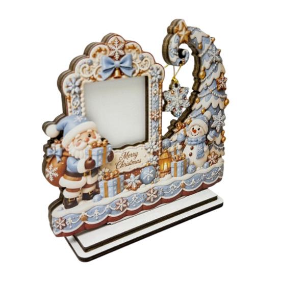 Wooden Craft Decor Christmas Photo Frame, 2D Picture Holder with Santa Snowman & Decorative Snowflake Pendant, Family Display Frame for Home