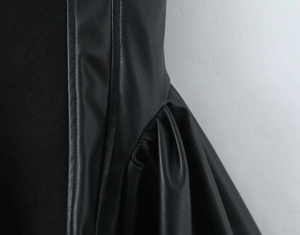 2025 Autumn European Style Women's PU Leather Patchwork Slimming Camisole Dress