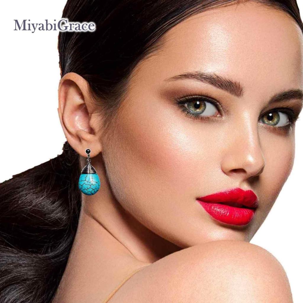 Natural Elegant Miyabi Grace Women's Earrings, Non-pierced Earrings, Popular, Painless, Teardrop, Turquoise, Blue, Stone, Blue, Large, Gemstone,