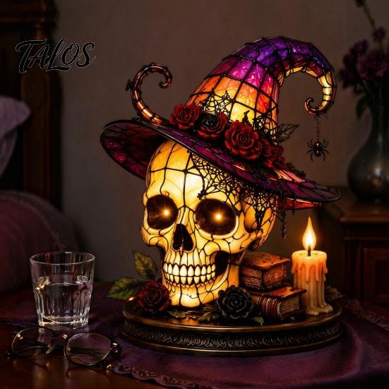 Spooky Desk Lamp Gothic Witch Hat Night Light, Warm Glow Acrylic Halloween Decorative Lamp, Vintage Holiday Party Display Home Decor for Mantel Shelf
