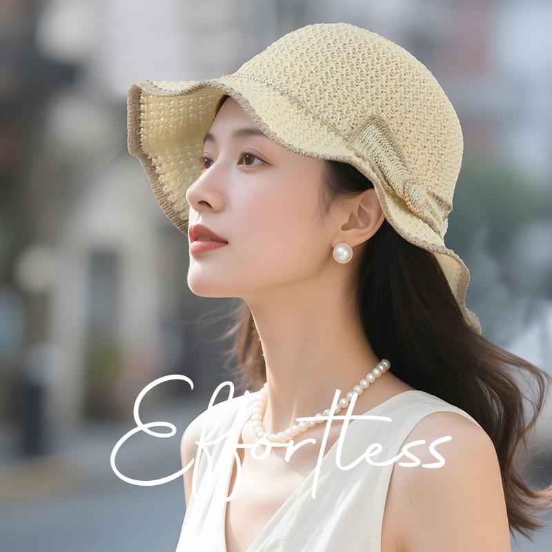 Summer new wavy brim knitted bow basin hat women's outdoor travel sunshade straw hat sun protection bucket hat