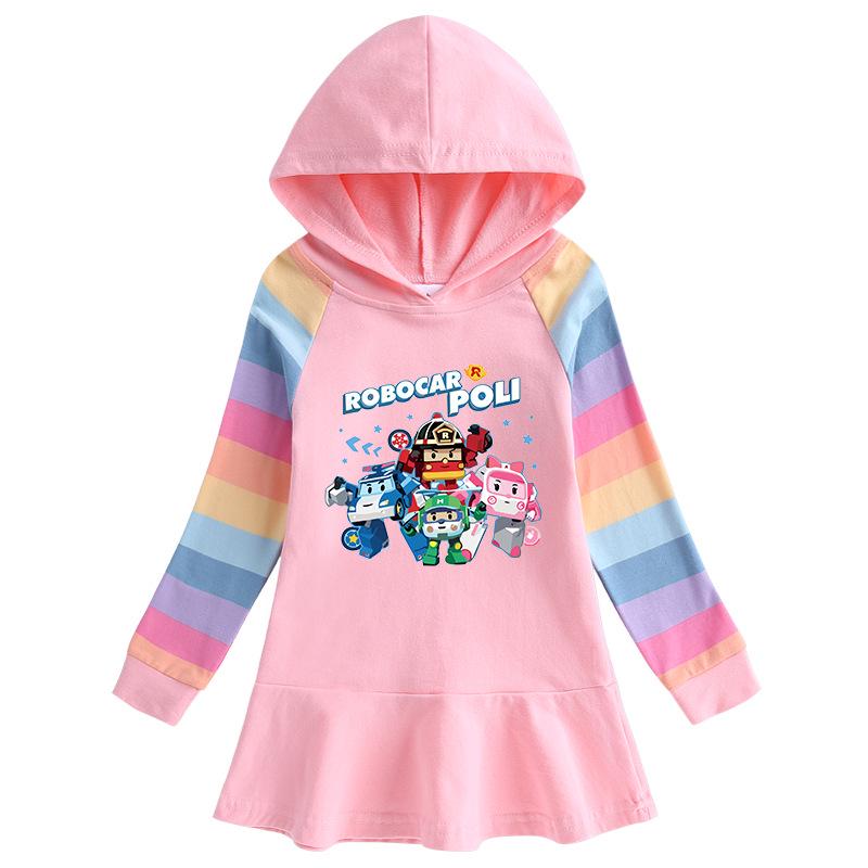 Spring & Autumn Ruffle Cartoon Rainbow Hooded Long Sleeve Princess Dress for Girls