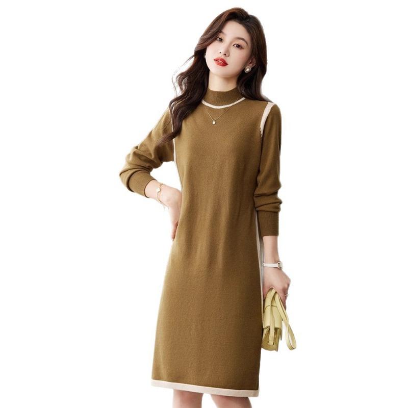 With coat knitted dress women's autumn and winter new temperament elegant semi-turtleneck medium and long base with sweater skirt