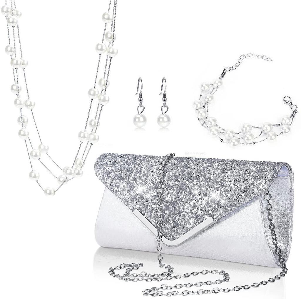 Creative Sparkly Pearl Necklace and Earrings Set , High - Grade Banquet Jewelry 4 - Piece Set