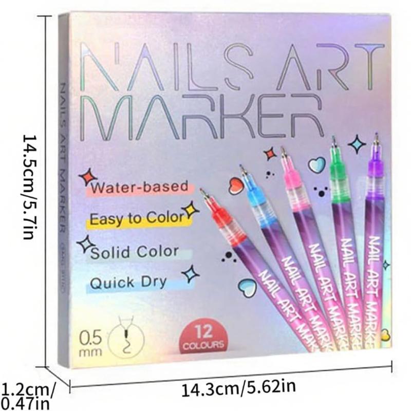 Pera na nail art, Sada 12 barev 0,5MM Markery na nail art, Rychleschnoucí gelové markery na nehty, 3D laky v peru pro grafiku, tečkování, linkování a malování