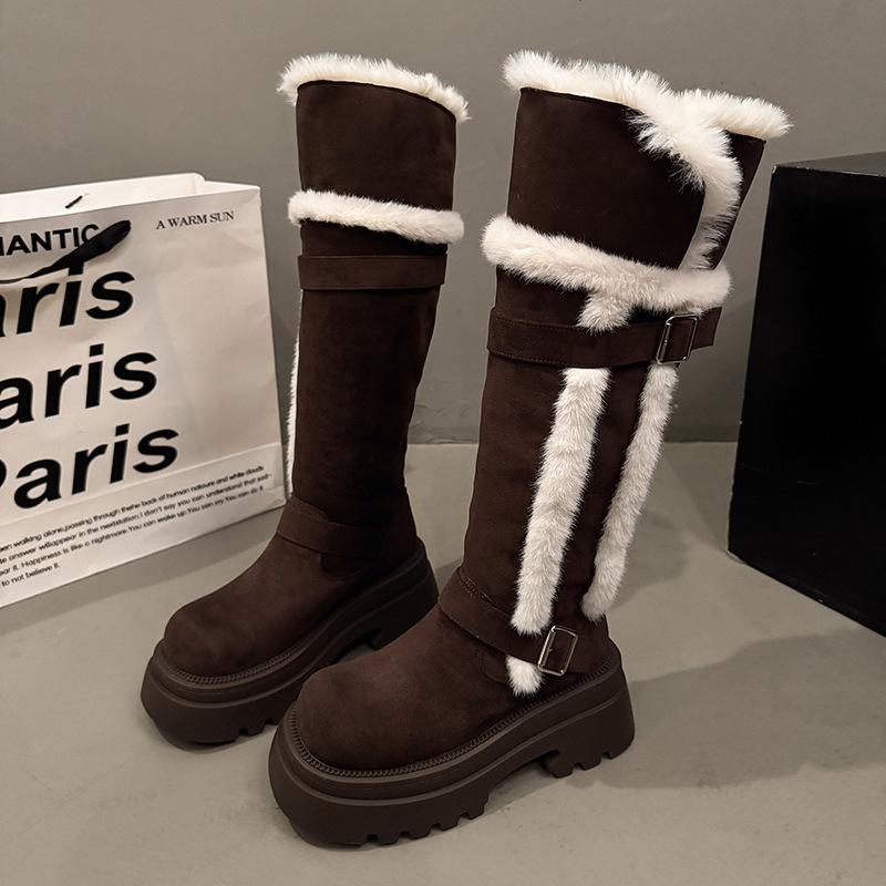 Winter Warm Short Plush Women Knee-High Snow Boots Belt Buckle Fur Lined Chunky Platform Shoes for Women Comfortable Long Boots