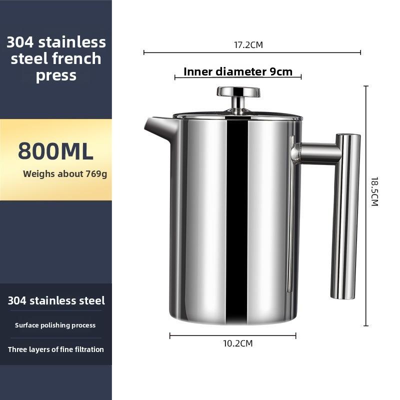 Inner and Outer 304 Stainless Steel Filter Coffee Maker with Double-layer Insulation for Keeping Coffee Warm. Pressing Coffee Maker.