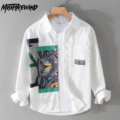 Koszulki z długim rękawem białe na wiosnę i lato dla mężczyzn styl uliczny casual koszula koreańska moda przeszycia koszula z nadrukiem młodzieżowa czysta bawełna luźny top