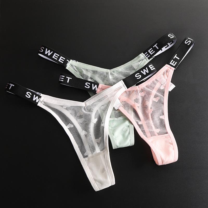 Plus Size Low Waist Mesh Thong with Letter Detail