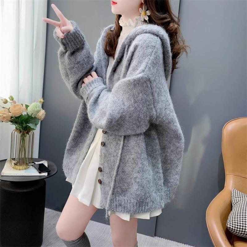Loose Lazy Wind Solid Color Hooded Sweater Jacket Women's Autumn and Winter New Versatile Knitted Cardigan