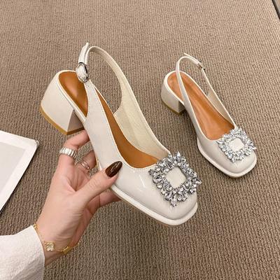 Fashion Spring Autumn Low Heel Shoes Square Toe Crystal Leather Pumps Casual Chunky Heel Romantic Mary Janes Shoes Heels Women