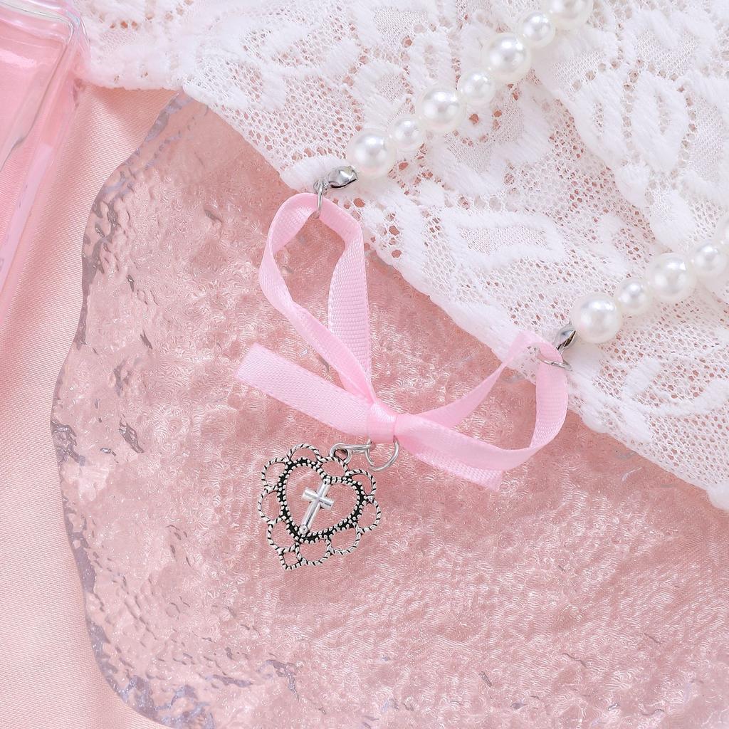 French Romantic Pink Bowknot Heart Pendant Pearl Necklace Jewelry Trending New Women's Sweet Pure Desire Bow Necklaces