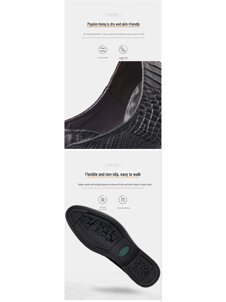 Men's Genuine Cowhide Leather Shoes - British Style, Crocodile Pattern, Pointed, Formal Business Shoes, Brown.