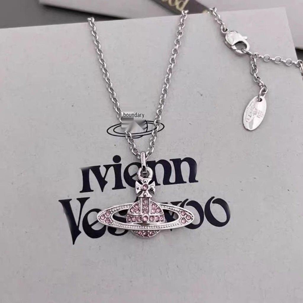 Empress Dowager High-Quality Pink Diamond Silver Necklace with Saturn Chain