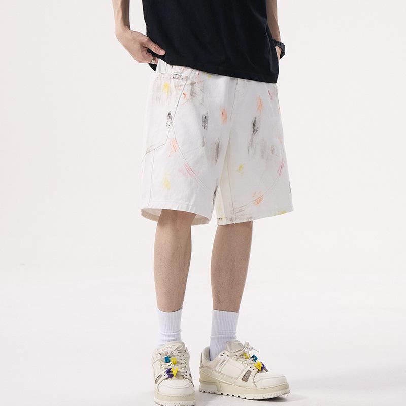 Loose Scimitar Mid-pants Niche Painted and Graffiti Fashionable Light Luxury White Denim Shorts