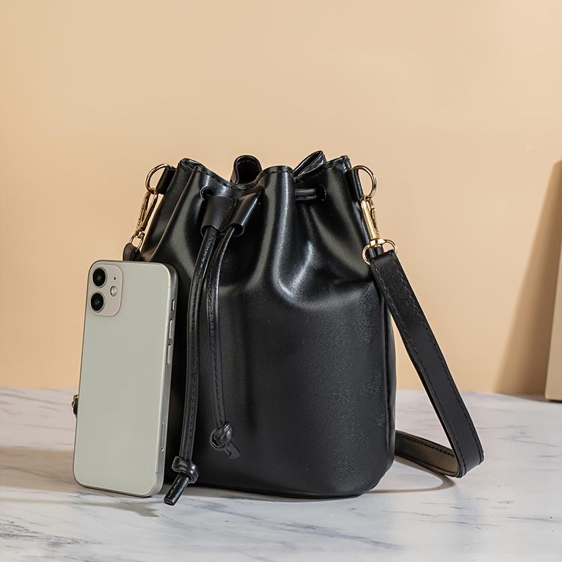 Women's Adjustable Crossbody Bucket Bag Black Drawstring Closure Minimalist Casual Shoulder Bag Versatile Fashion Purse Crossbody Bag