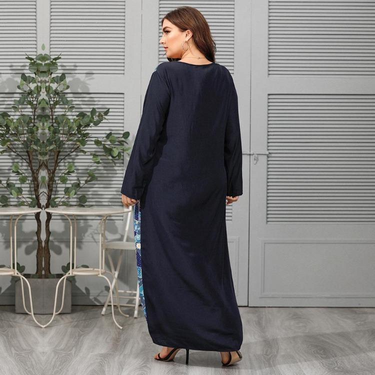 Plus Size Elegant Women's Loose Long Sleeve Dress Spring Summer O Neck Print Splicing XL-4XL