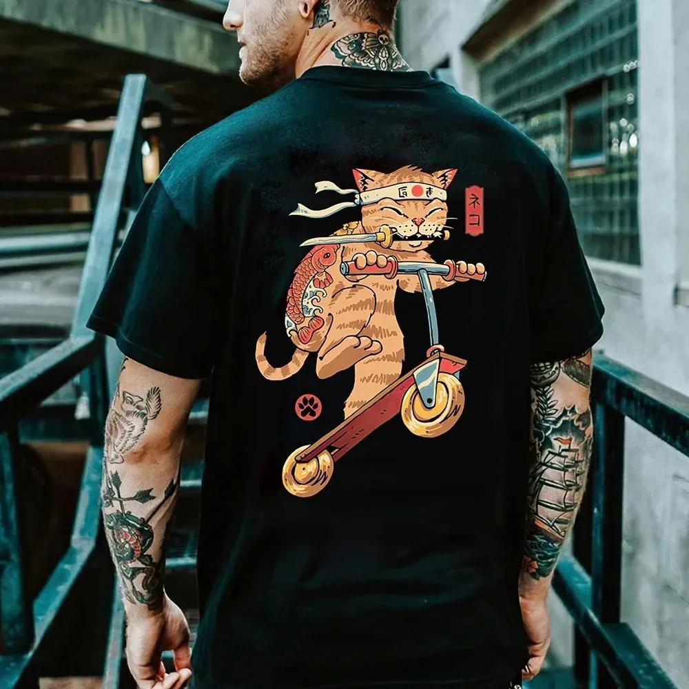Summer 100% cotton cartoon anime Day clothing Samurai Cat Print T-shirt Men's Hip Hop retro casual o collar loose T-shirt