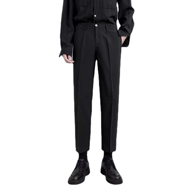 Small Trousers Men's Nine-point Slim-fitting Straight Casual Pants Men's High-end Drape Black Suit Pants Summer