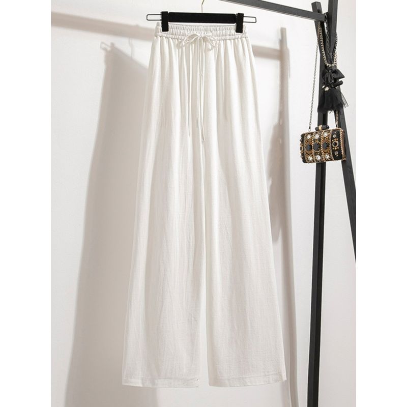 Large Size Women's Clothing Chubby Girl Hong Kong Style Retro Artsy Spring/Summer New Arrival Elastic Waist White Loose-Fitting Wide-Leg Trousers Tide