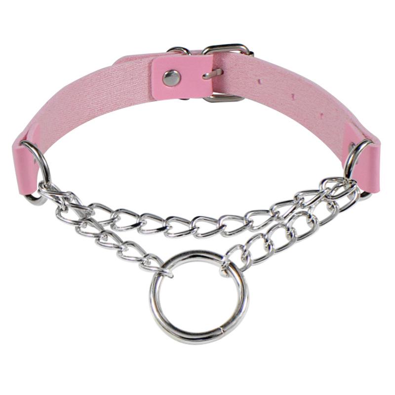 European & American Punk Style PU Leather O-Ring Collar Necklace with Chain