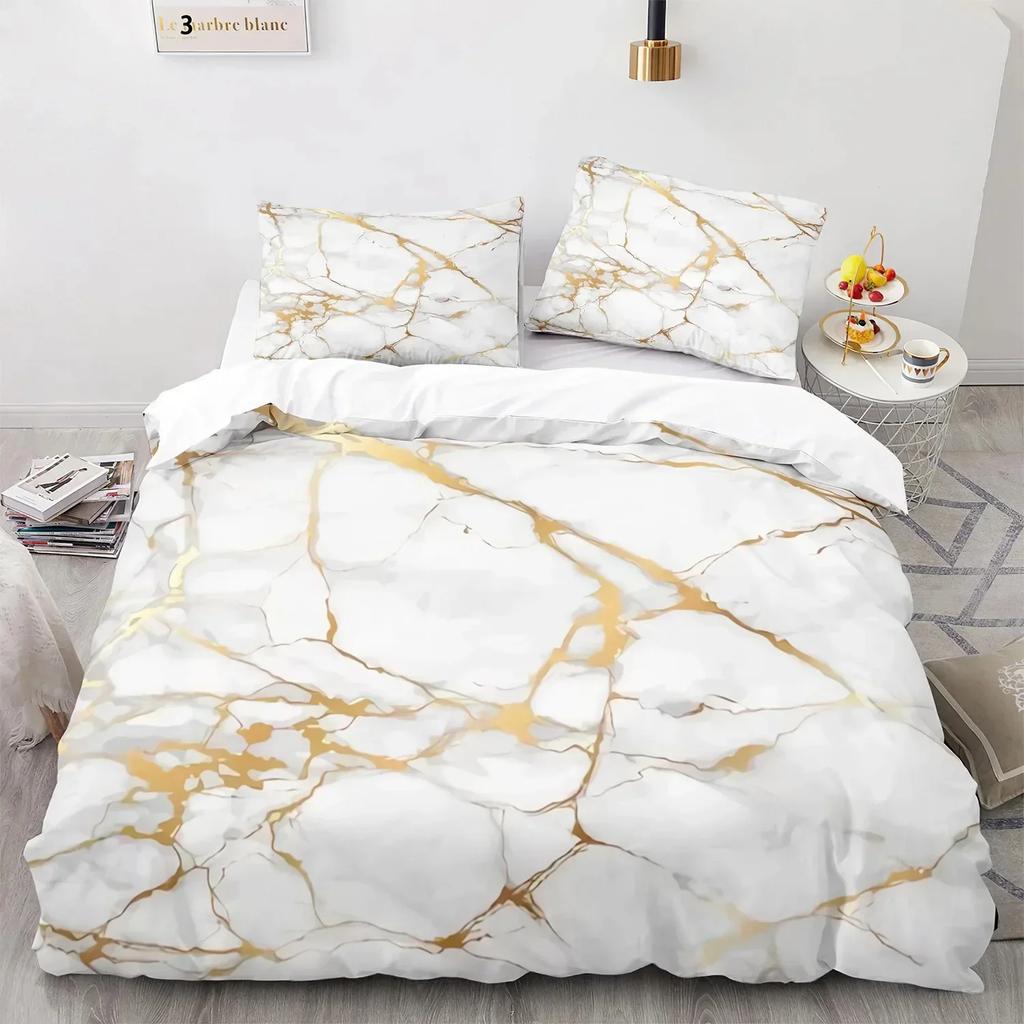 White Gold Abstract Marble Texture Beding Set 3D Printed Suitable for Bedrom Soft with Soft Fabric Duvet Cover Set With Pilowcases Home Textile