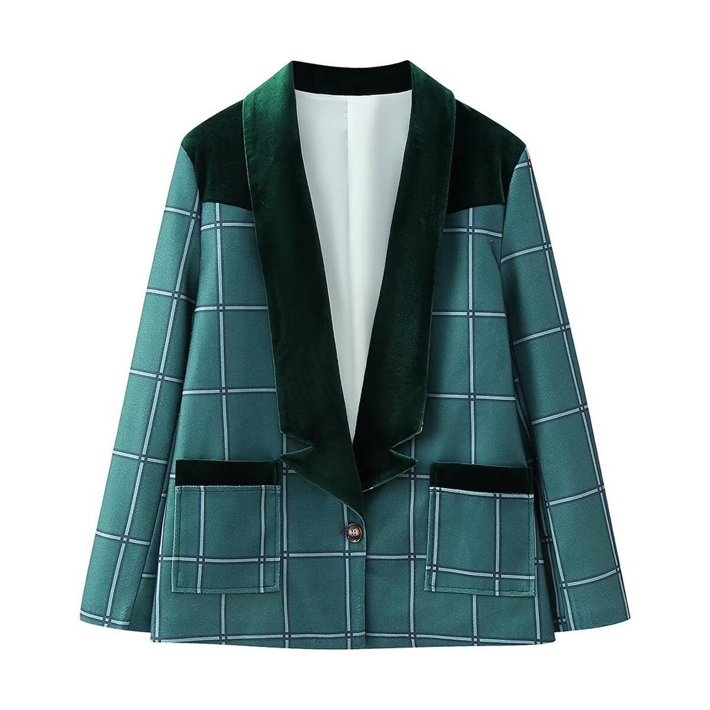 Spring and Autumn New Product Women's Fashion Simple Velvet Splice Embroidered Fabric Patch Long Sleeved Loose Suit Coat