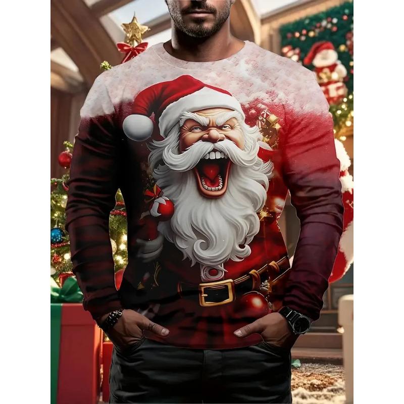 Spring and Autumn Round Neck 3D Printed Top Christmas Costume Fashionable Casual Long Sleeved Men's T-shirts