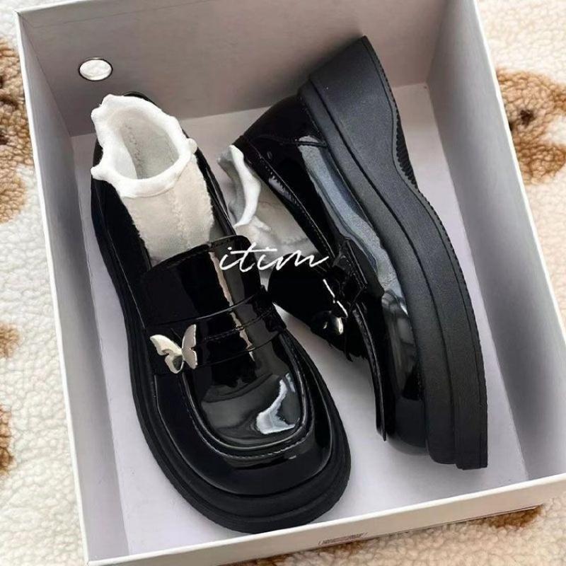 British Style Black Bow Loafers Slip-On Shoes for Women 2025 New Spring and Autumn Thick-Soled Retro Platform Leather Shoes