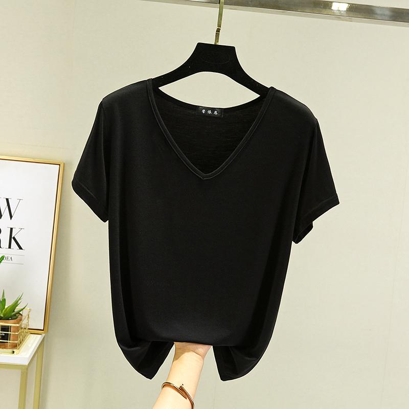 Women's Plus Size V-Neck Modal T-Shirt - Short Sleeve, Loose Fit, Thin Layer, Korean Style