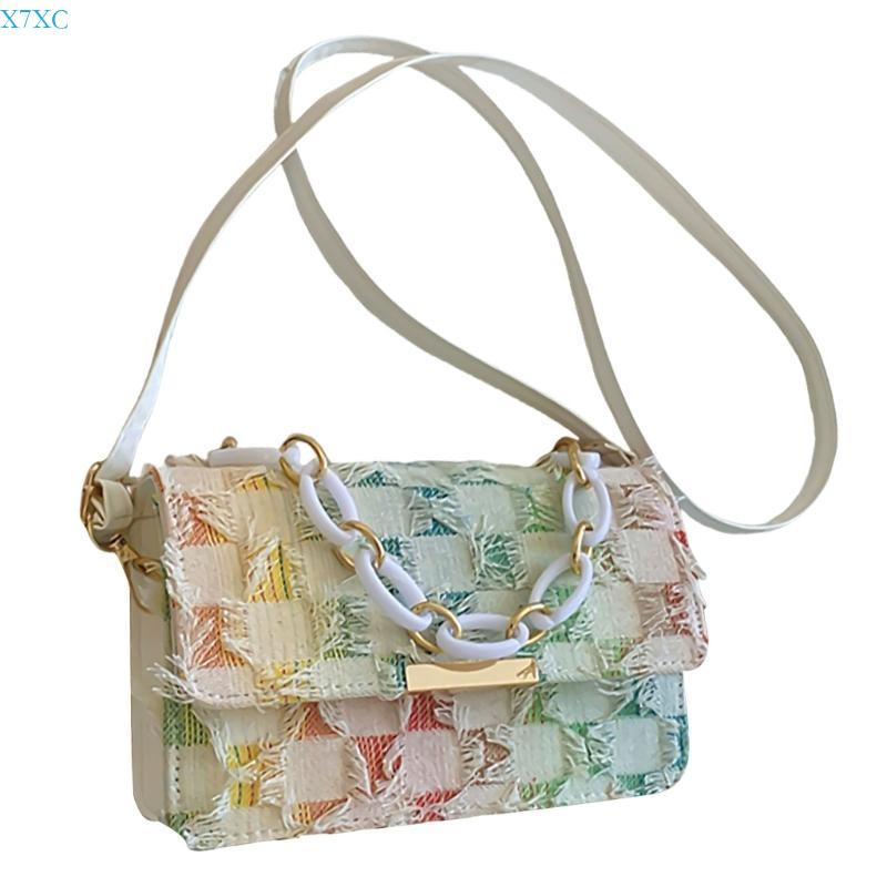 X7XC Korean Shoulder Bag with Adjustable Strap for Womens Chain Handle Denims Tassels Handbag Checkered Jeans Crossbody Purse