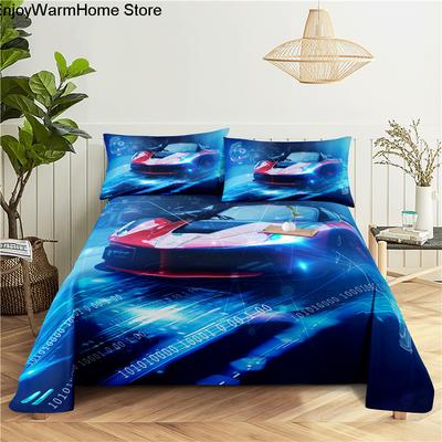 Drap Plat de Lit en Polyester à Impression Numérique Voiture de Sport avec Taie d'Oreiller Dessin Animé Cadeau Enfants Voitures de Course Literie