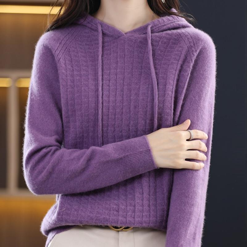 Autumn and Winter Clothing Knitwear Plus Size Women's Loose Hooded Sweater Solid Color Casual Pullover Long Sleeved Knitwear