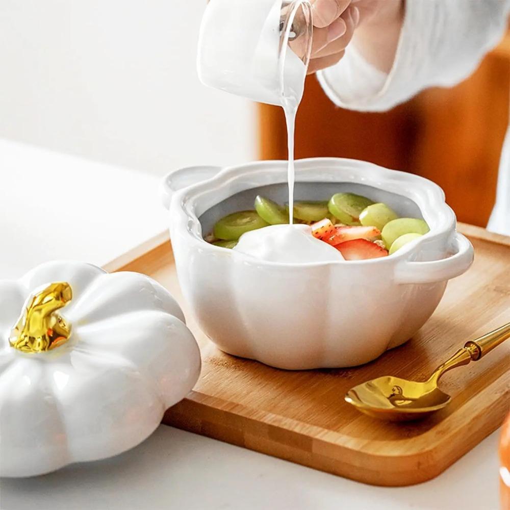 6.5inch Ceramic Bowl With Lid And Handle Pumpkin Ramekins For Baking Casserole Dish Individual Severing Pot Oven Safe