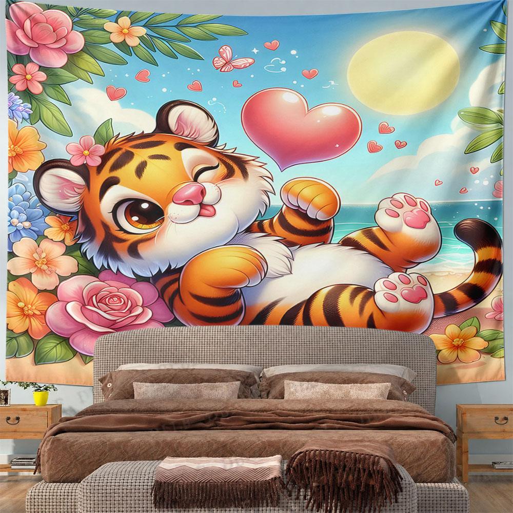 Cute Tiger with Flowers and Hearts Pattern Wall Hanging Tapestry Decorative Tapestry Home Decor for Bedroom and Living Room