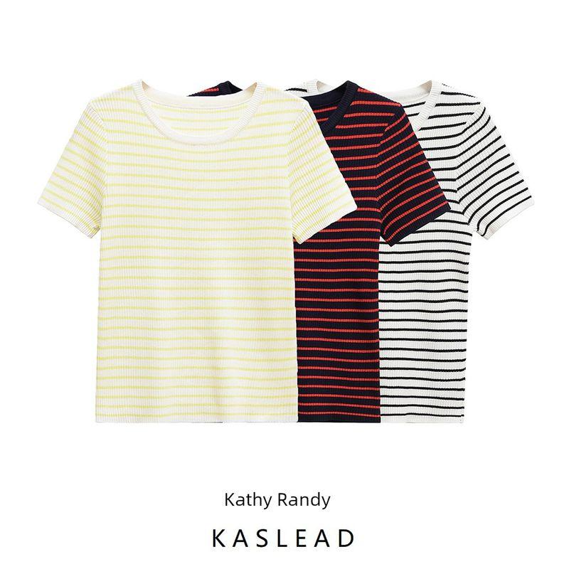 Kaslead New Arrival Women's Clothing Fashion Style Stripes Silm round Neck Short Sleeve Knitting Tops 3519020