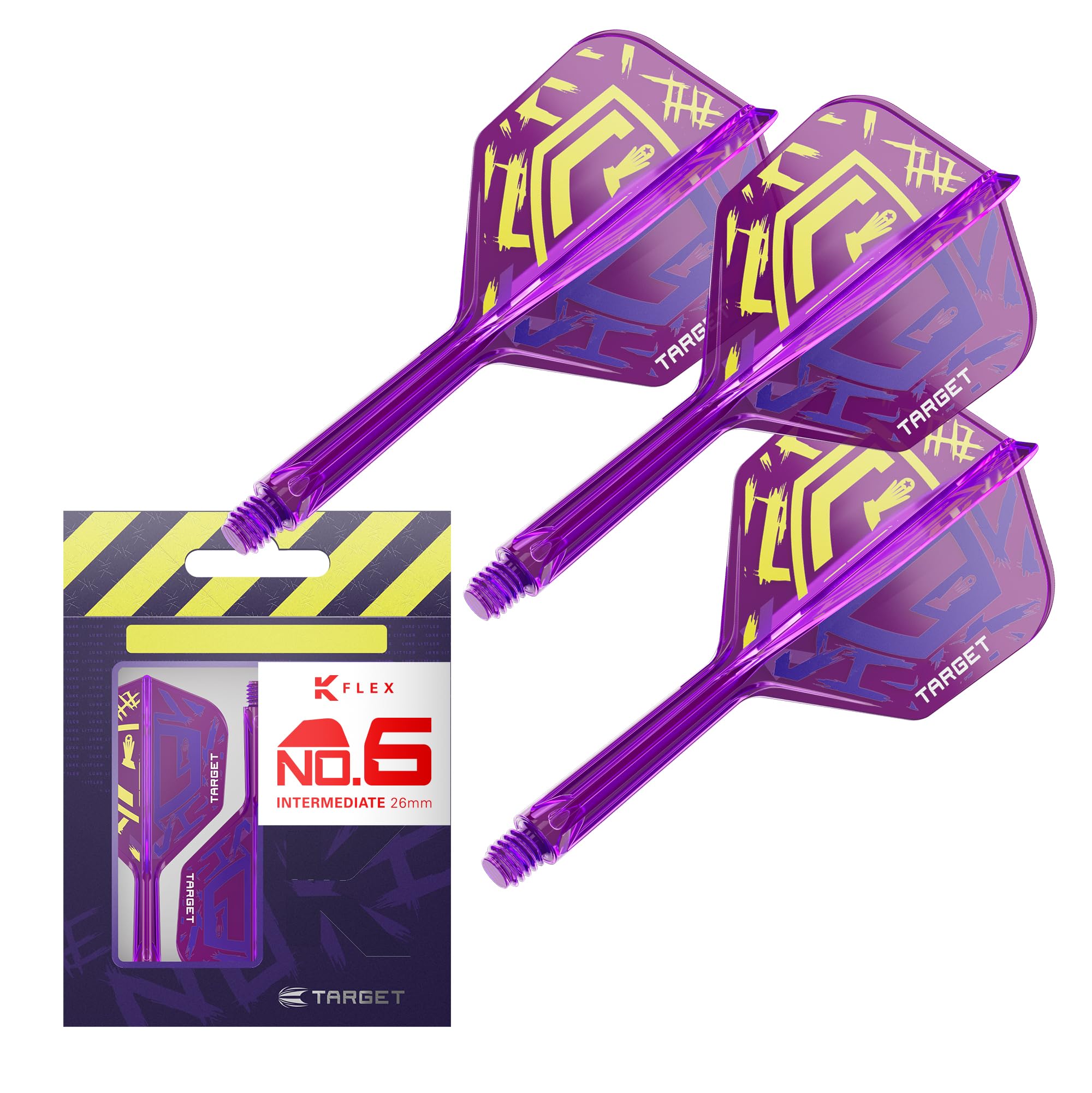 

TARGET Darts Luke Littler World Champion KFLEX Flight Shaft KFLEX Flight Short Medium 6 & System, No. 2/No. 6, All-in-One 3-Pack, (19mm), In-Bite фиолетовый