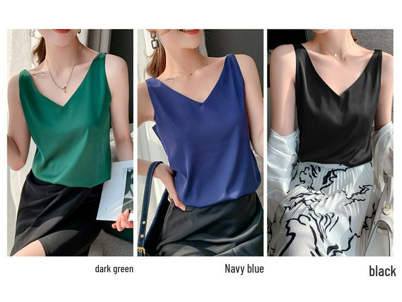 Women's V-Neck Mulberry Silk Camisole - Satin Inner/Outer Wear, Plus Size, Summer Top