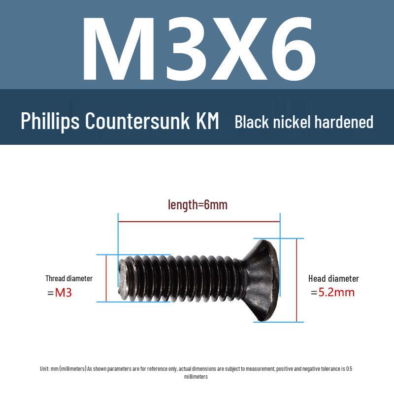 Yigu Uhlíková ocel Černý nikl Kalené KM Šrouby s plochou hlavou Phillips M2-M4 pro elektroniku